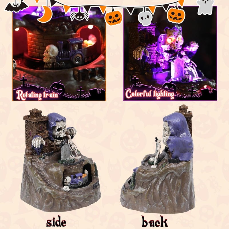Vipush Halloween Village Decorations -Light-Up LED Vintage Skull Island & Passing Train Resin Figurines Decor for Creepy Skeletons, Spooky Statues, and Tombstone Collectible Decorations 5.9 in - Image 5